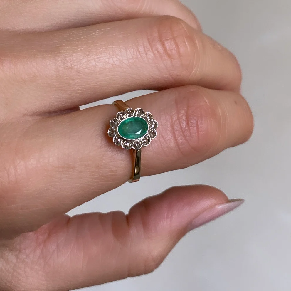 Emerald & Diamond Flower Ring - Image 7