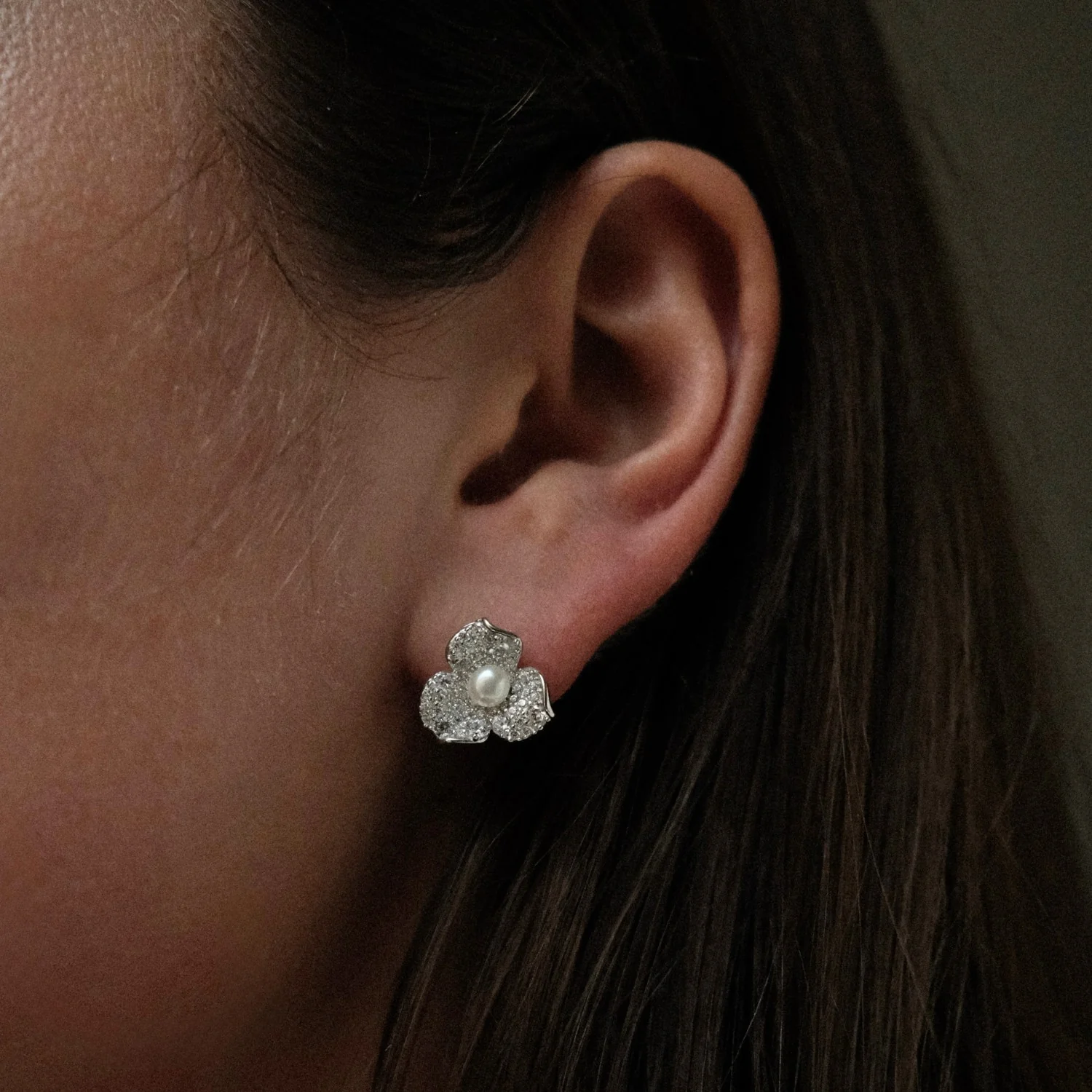 Silver Floral Pearl Earrings - Image 2